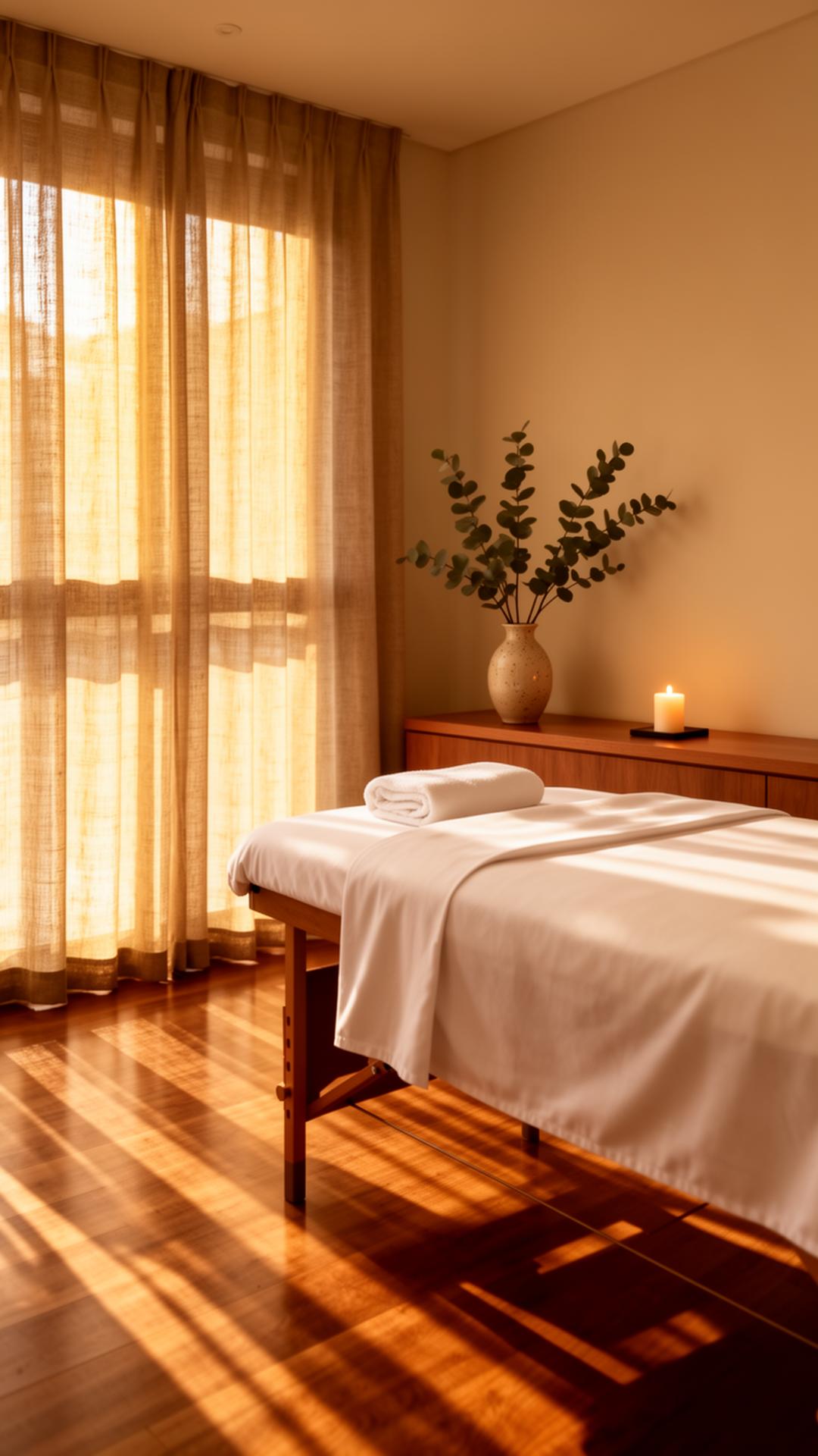 Sunlit Optihealth treatment room with linen curtains and warm timber floor